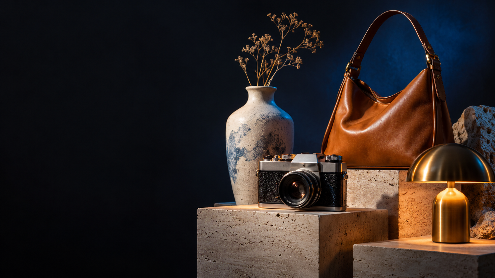 Illustrative vintage camera, caramel bag and home objects on sculptural plinths
